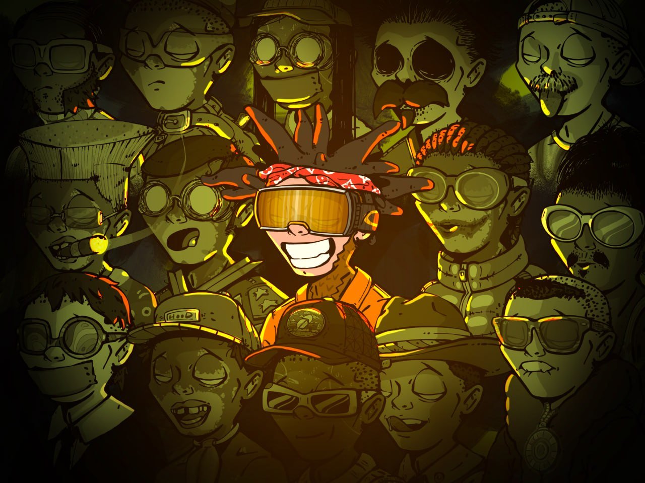 A dark cinematic crowd of Hoodboyz residents.